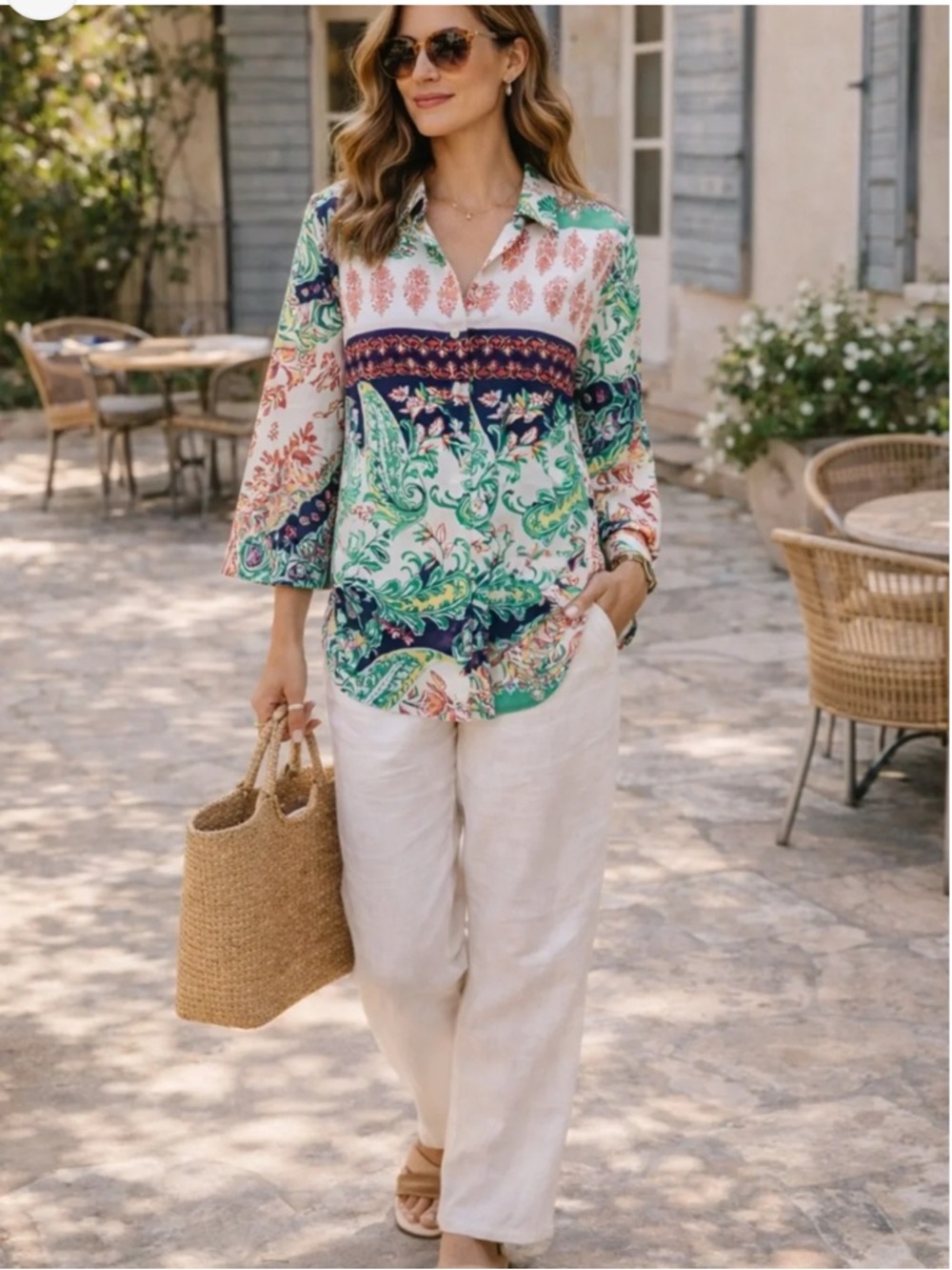 Chico's Linen Colorful Paisley Patchwork Button Front Blouse Top Boho Size 3 XL